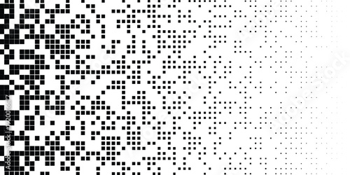 Halftone gradient texture background. Faded checkered gradation wallpaper. Black and white squared pixels. Abstract vanishing comic pop art backdrop. Vector repeating check raster effect overlay
