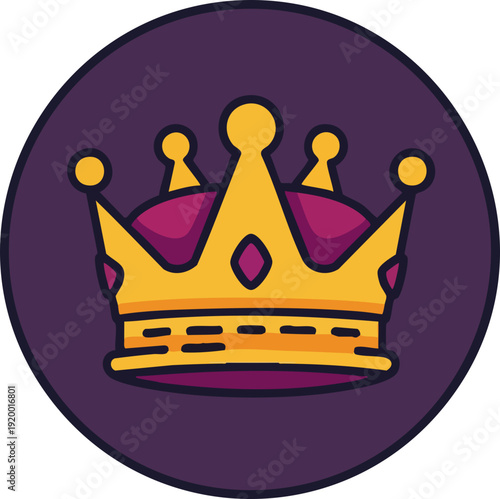 A stylized golden crown with purple accents, set against a dark purple circular background.