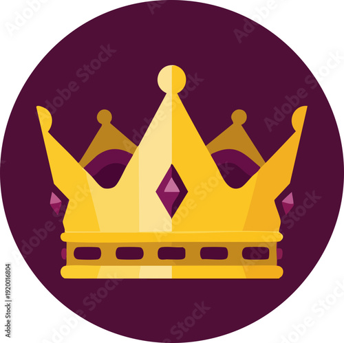 A golden crown with purple jewels sits prominently against a deep purple circular background, symbolizing royalty and power.