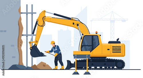 Excavator Machine Working on Construction Site Demolishing Wall.