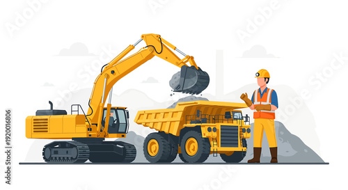 Heavy Construction Excavator Loading Dump Truck with Worker Overseeing.