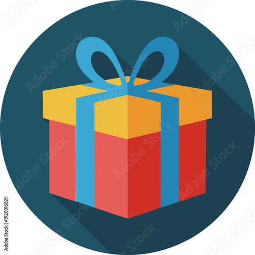 A flat design illustration of a red gift box with a yellow lid and a blue ribbon tied in a bow, set against a dark teal circular background with a subtle shadow.