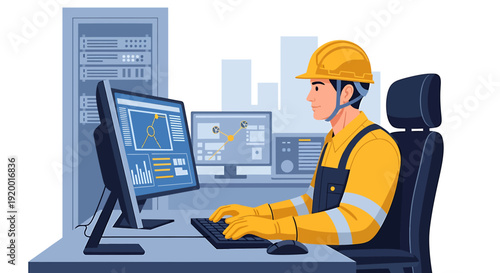 Technician in hard hat working on computer in server room.