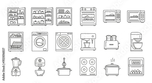 Collection of Hand Drawn Kitchen Appliances and Gadgets.