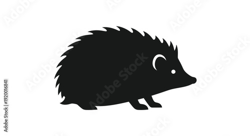 A minimalist black silhouette of a cute hedgehog foraging