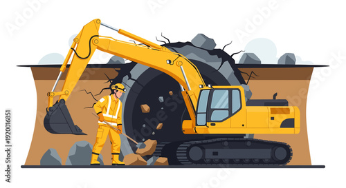 Yellow excavator digging a large hole with worker present.