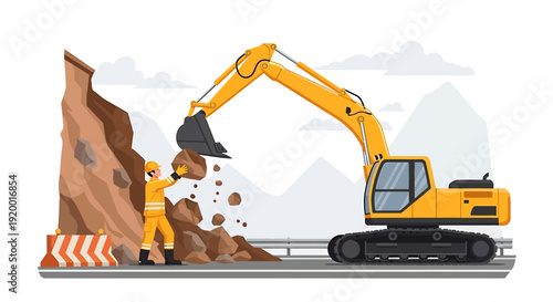 Yellow excavator digging earth and rocks on construction site.