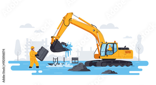 Yellow excavator digging in water with construction worker.