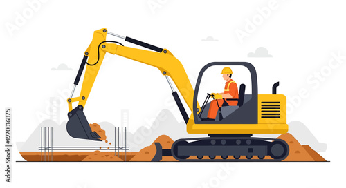Yellow excavator with driver working on construction site digging earth.