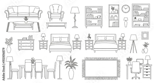 Collection of furniture illustrations, showcasing various interior design elements in a sketch style.