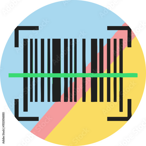 A stylized graphic illustration of a barcode scanner with a green laser line passing through it, set against a colorful abstract background.