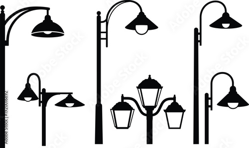 Assortment of Black Silhouette Street Lamp Icons on White Background lamp post lamppost