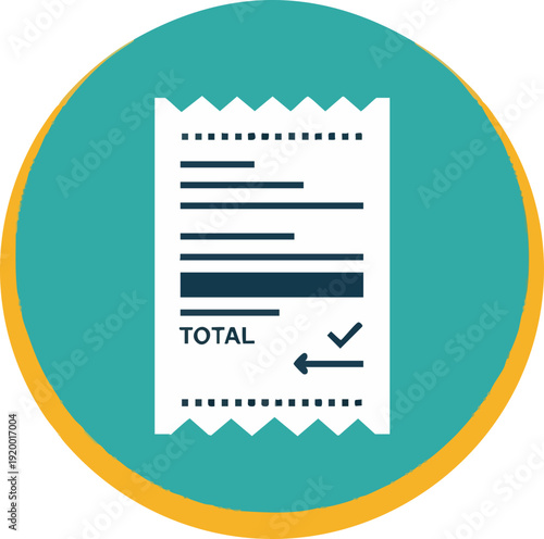 A stylized icon representing a receipt with a total amount and a checkmark, set against a teal background with a yellow border.