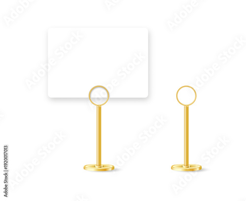 Table stand with metal clip holding blank card for business display. Realistic mockup for restaurant sign, office memo, or desktop message template. Vector illustration