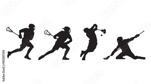 Silhouette Of Four Lacrosse Players In Various Actions On White Background Vector Illustration For Sports And Fitness Concept