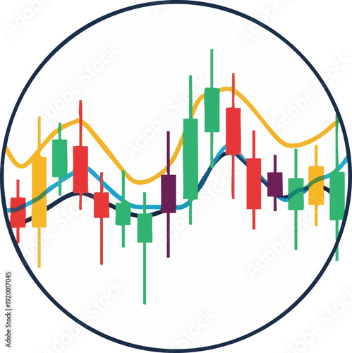 A circular graphic displaying a candlestick chart with multiple moving averages, representing financial market analysis and trading.