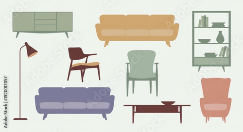 Collection of various furniture pieces, including sofas, chairs, and a cabinet, arranged in a visually appealing manner.