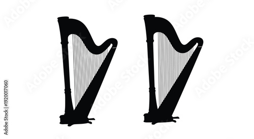 Two elegant harps depicted in a striking black silhouette