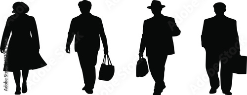 Business people walking silhouette vector set, professional man and woman with bags isolated corporate graphic illustration