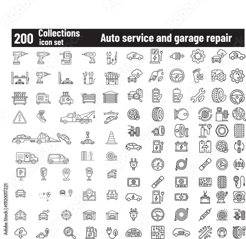 Comprehensive collection of 200 auto service and garage repair icons perfect for automotive projects and designs featuring tools, vehicles, and repair services in a clean and simple style.