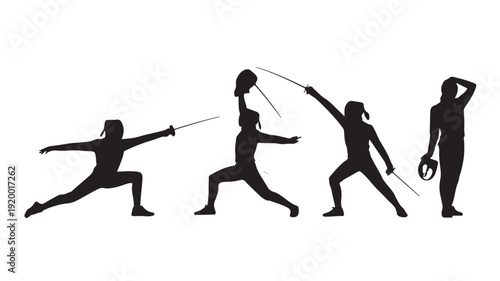 Vector Illustration Of Silhouette Female Fencers In Various Poses With Coach For Sports And Fitness Concept