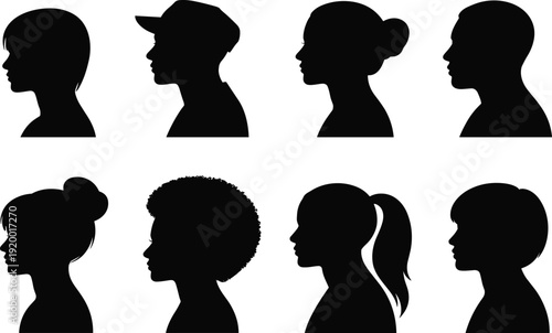 Human head silhouette vector set, diverse people profile portraits, isolated black and white male female illustration