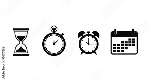 Black icons representing time and scheduling flat design silhouette