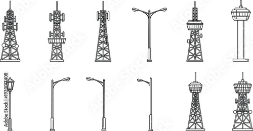 Communication Towers and Street Lights Collection on White Background untitled