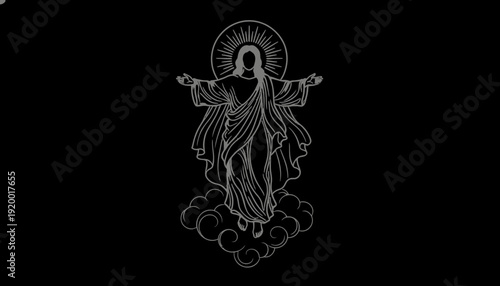 Jesus Christ Ascending to Heaven on Clouds, Religious Symbolism, Divine Light