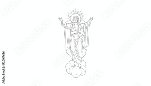 Jesus Christ Ascending to Heaven on Clouds, Religious Line Art Illustration