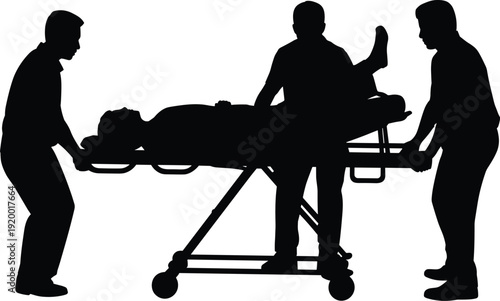 Medical emergency silhouette vector set, paramedics carrying patient on stretcher, isolated black and white healthcare illustration