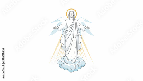 Jesus Christ Ascending to Heaven on Clouds, Transfiguration, Divine Light, Angelic Being