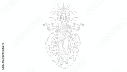 Jesus Christ Ascending to Heaven, Religious Illustration, Divine Light, Clouds