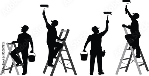 Painter silhouette vector set, professional man with ladder and roller painting wall, isolated black white illustration