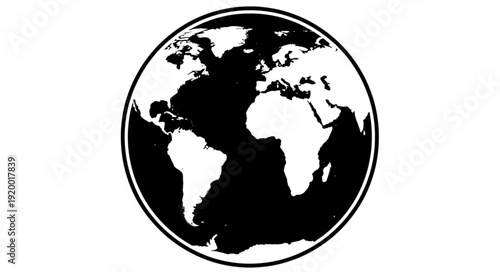 Black and white illustration of planet Earth, showing continents and oceans, isolated on white background.