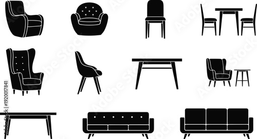 Set of black furniture silhouettes including chairs tables sofas and armchairs isolated on white background cad drawing flat vector illustration