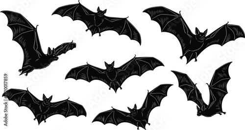 Set of black bat silhouettes flying in different positions with spread wings for halloween decor cad drawing flat vector illustration