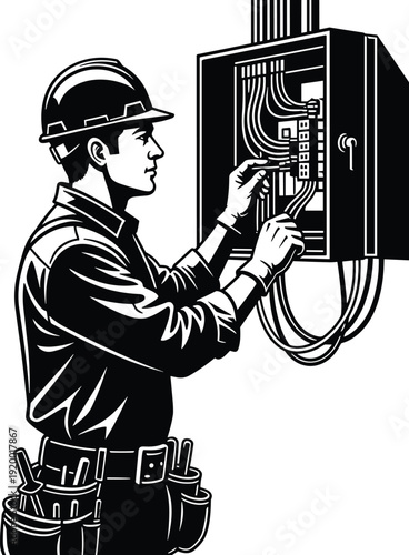 Electrician installing circuit breakers in an electrical panel with wires and tools Keywords: electrician, man, worker, hard hat