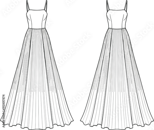 Technical fashion sketch of a women sleeveless spaghetti strap maxi dress with pleated skirt cad drawing flat vector illustration