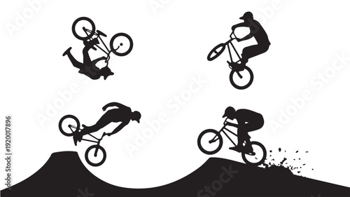 Vector Illustration Of Silhouette Mountain Bikers Performing Tricks On Bmx Bikes For Sports And Adventure Concept