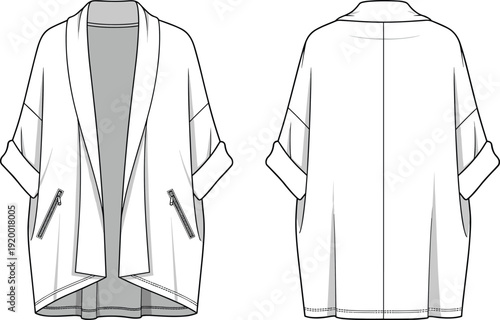Technical fashion sketch of a women oversized open front cardigan with shawl collar and zipper pockets cad drawing flat vector illustration