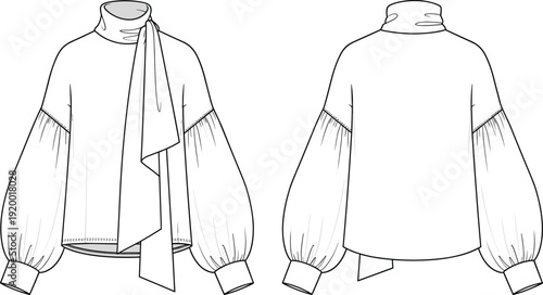 Technical fashion sketch of a women turtleneck blouse with puff sleeves and front tie scarf cad drawing flat vector illustration