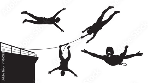 Vector Illustration Of Four Silhouetted People Base Jumping With Safety Harness For Adventure And Risk Management Concept