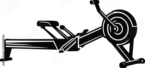 Black and White Vector Silhouette of a Rowing Machine, Fitness Equipment Icon for Health, Sports, and Workout Graphics. Isolated on White Background.