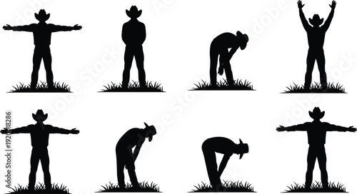 Black cowboy silhouette collection set featuring men in various poses standing on grass field for western and country lifestyle design