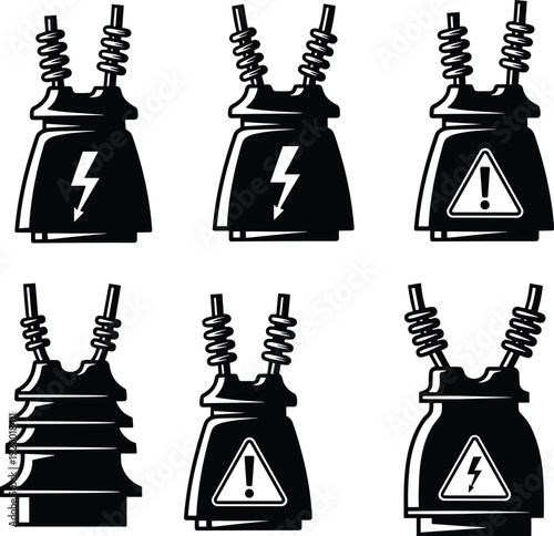 Set of black icons representing electrical insulators and transformers Keywords: electrical insulator, transformer, high voltage