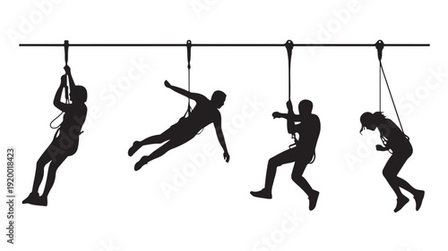 Vector Illustration Of Silhouetted People Ziplining And Rock Climbing For Adventure And Fitness Concept