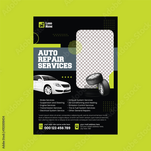 Automobile Repair Brochure Cover Template with Car Repair Flyer and Auto Service Poster, A4 Print Ready Design for Garage Advertising and Vehicle Maintenance Marketing