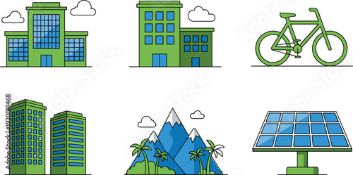 Sustainable green city icon set with eco buildings solar panels bicycle transport mountain landscape and renewable energy for environmental conservation design