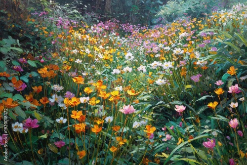 Oil Painting of Blooming Meadow in Spring Thousands of Wildflowers Nature Landscape Art